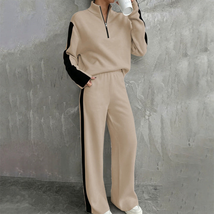 Damen nan lässiges Jogginganzug-Set mit Halbzip, elastischer Bund und seitlichen Kontraststreifen Drune