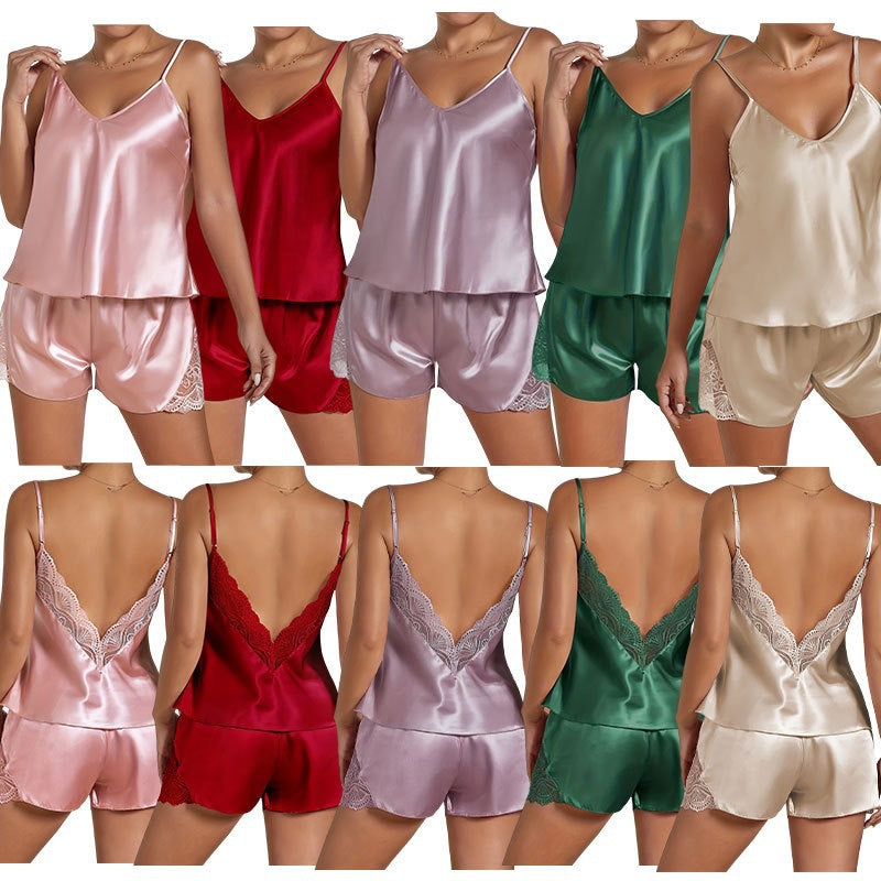 Damen luxuriöses Satin Schlafanzug-Set mit feinen Spitzenakzenten Drune
