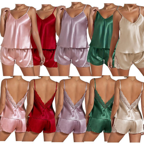 Damen luxuriöses Satin Schlafanzug-Set mit feinen Spitzenakzenten Drune