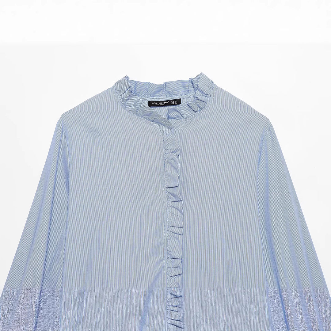 Damen Gestreifte Cropped-Bluse mit Rüschendetail und Ballonärmeln Drune
