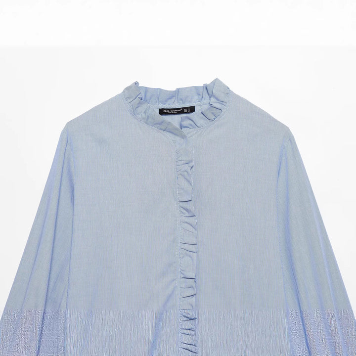 Damen Gestreifte Cropped-Bluse mit Rüschendetail und Ballonärmeln Drune