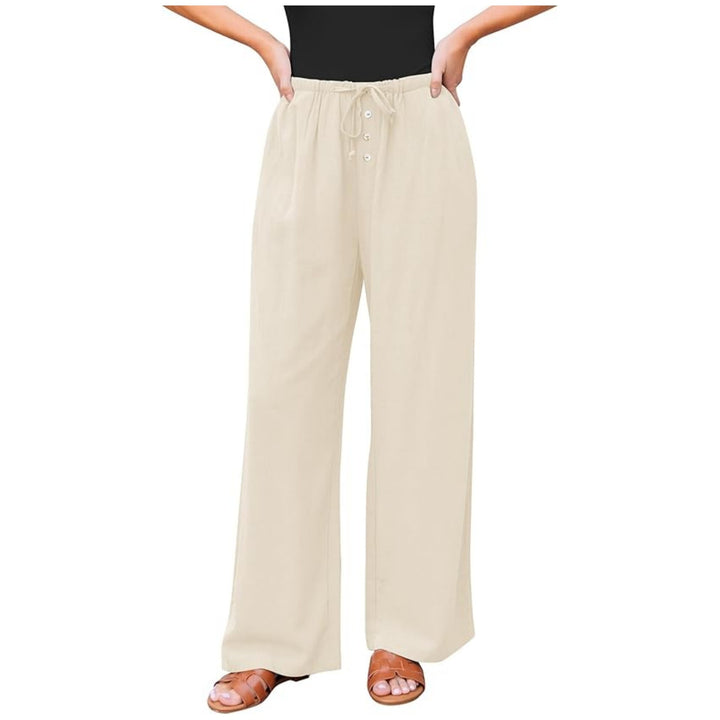 Damen Leinenoptik-Hose mit weitem Bein, Gummizug-Taille, Tunnelzug und Knopfdetail Drune