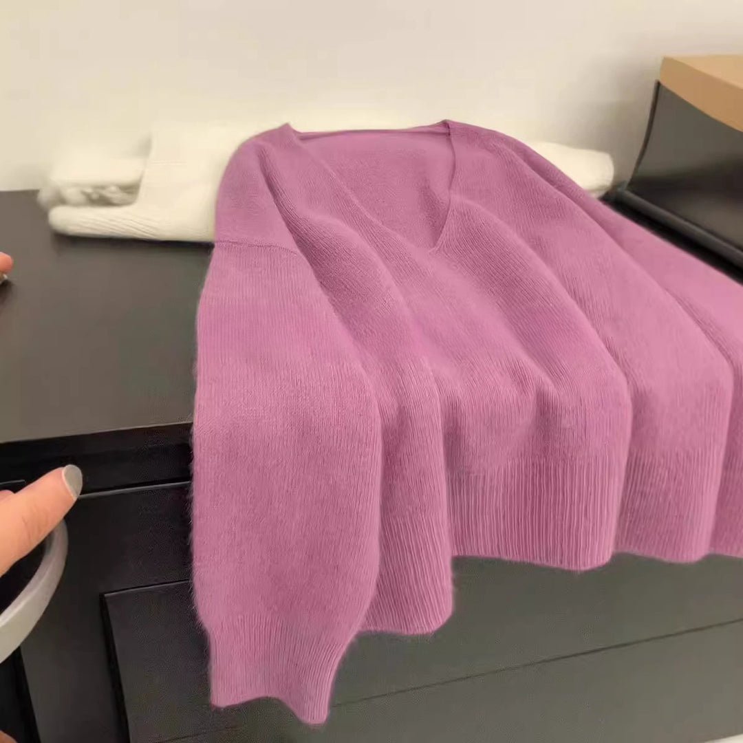 Damen Eleganter V-Ausschnitt Pullover mit Rippstruktur und lässigem Schnitt Drune