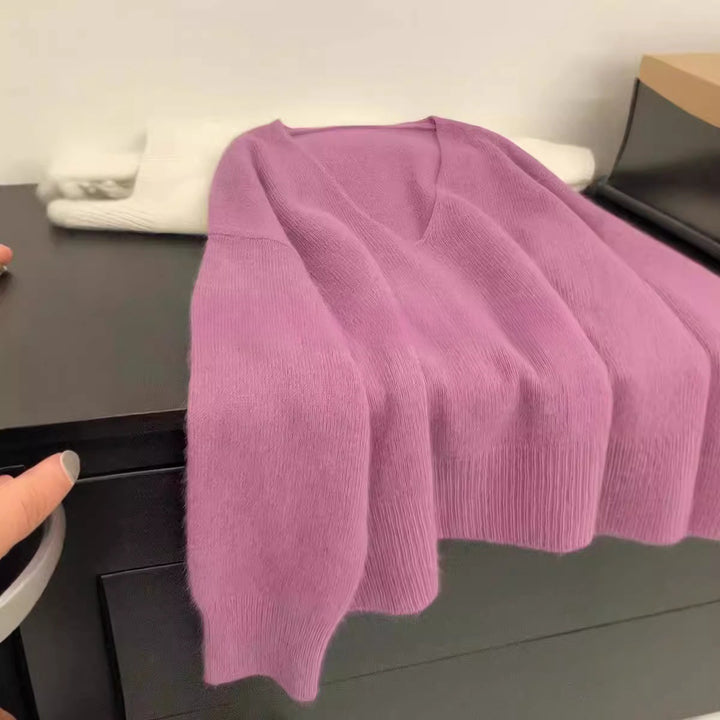 Damen Eleganter V-Ausschnitt Pullover mit Rippstruktur und lässigem Schnitt Drune