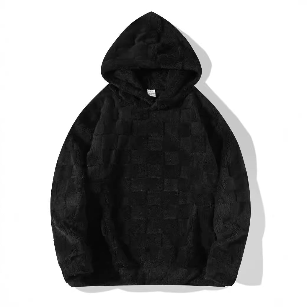 Damen Oversize-Plüschhoodie mit Karomuster, Kapuze und weichem Teddyfutter Drune