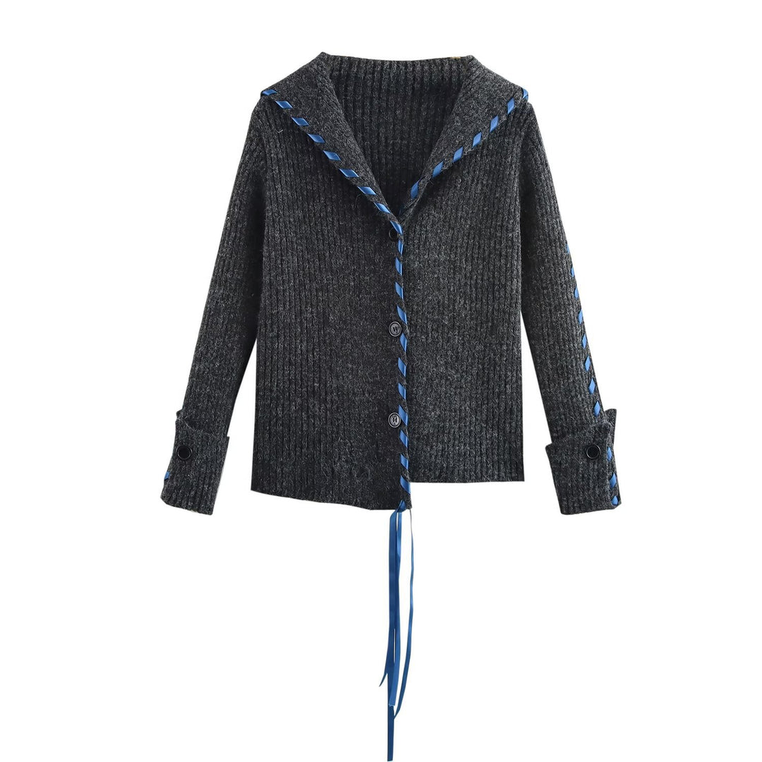 Damen Gerippte Strickjacke mit Matrosenkragen, Zierband‑Schnürung und Knopfleiste Drune