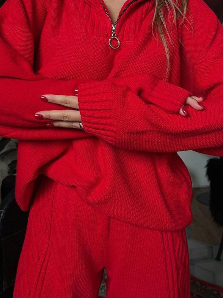 Damen Strick-Loungewear-Set mit halbem Reißverschluss, Stehkragen und Zopfmuster-Hose Drune