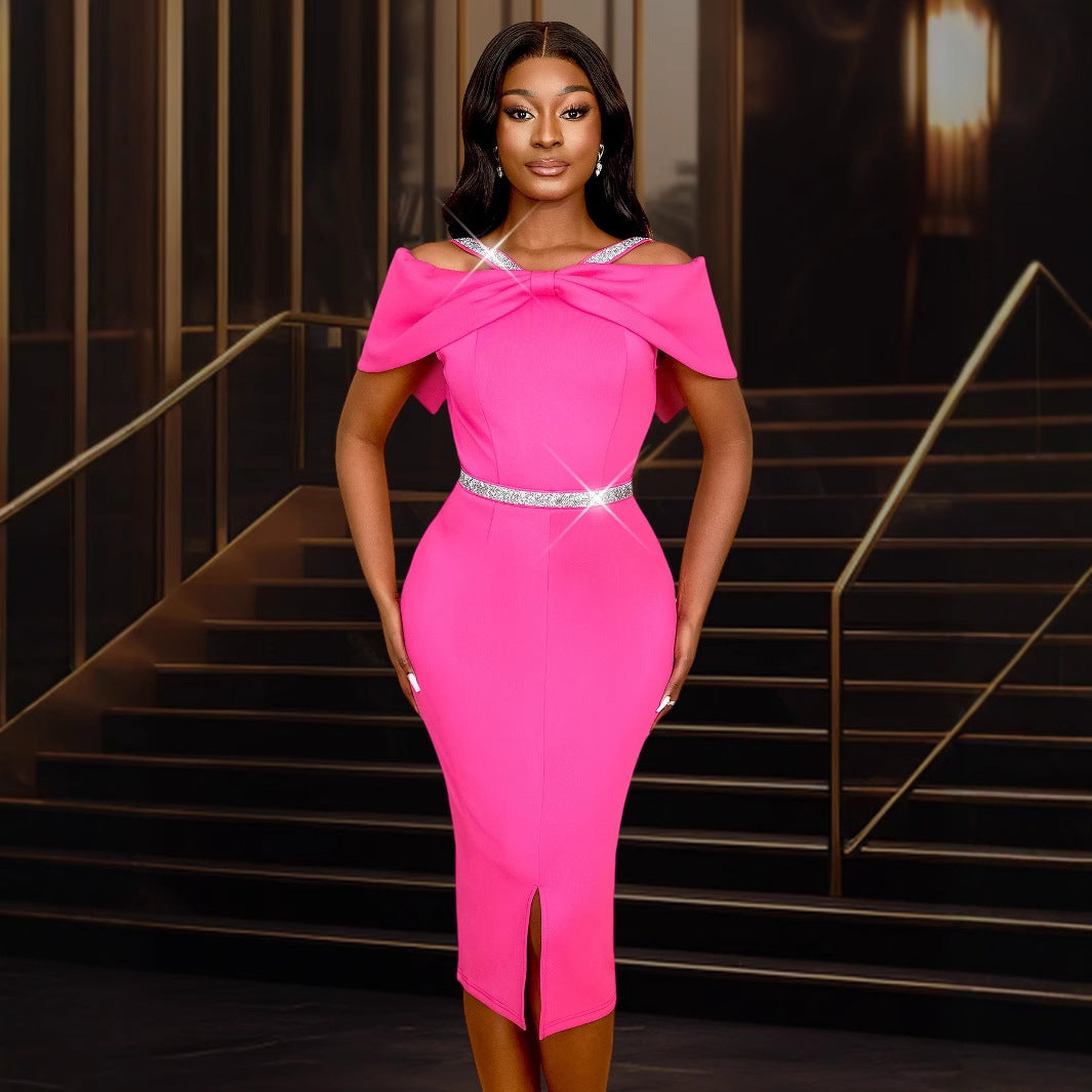 Damen figurbetontes Abendkleid mit schulterfreiem Design und funkelnden Akzenten Drune