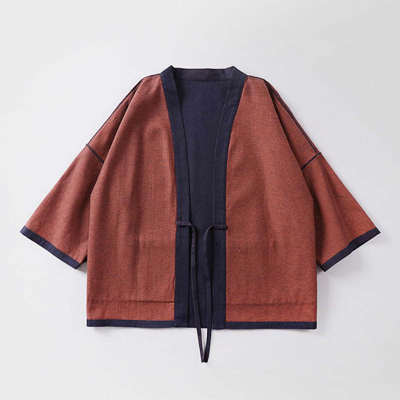 Unisex weit geschnittene Kimono-Jacke aus Baumwoll-Denim mit Bindeband und großen Aufgesetzten Taschen Drune