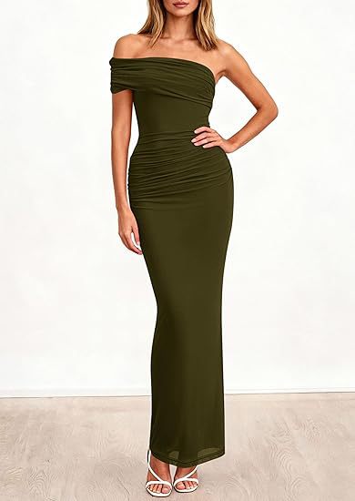Damen Elegantes Maxi-Kleid mit schulterfreiem Design und raffinierten Drapierungen Drune