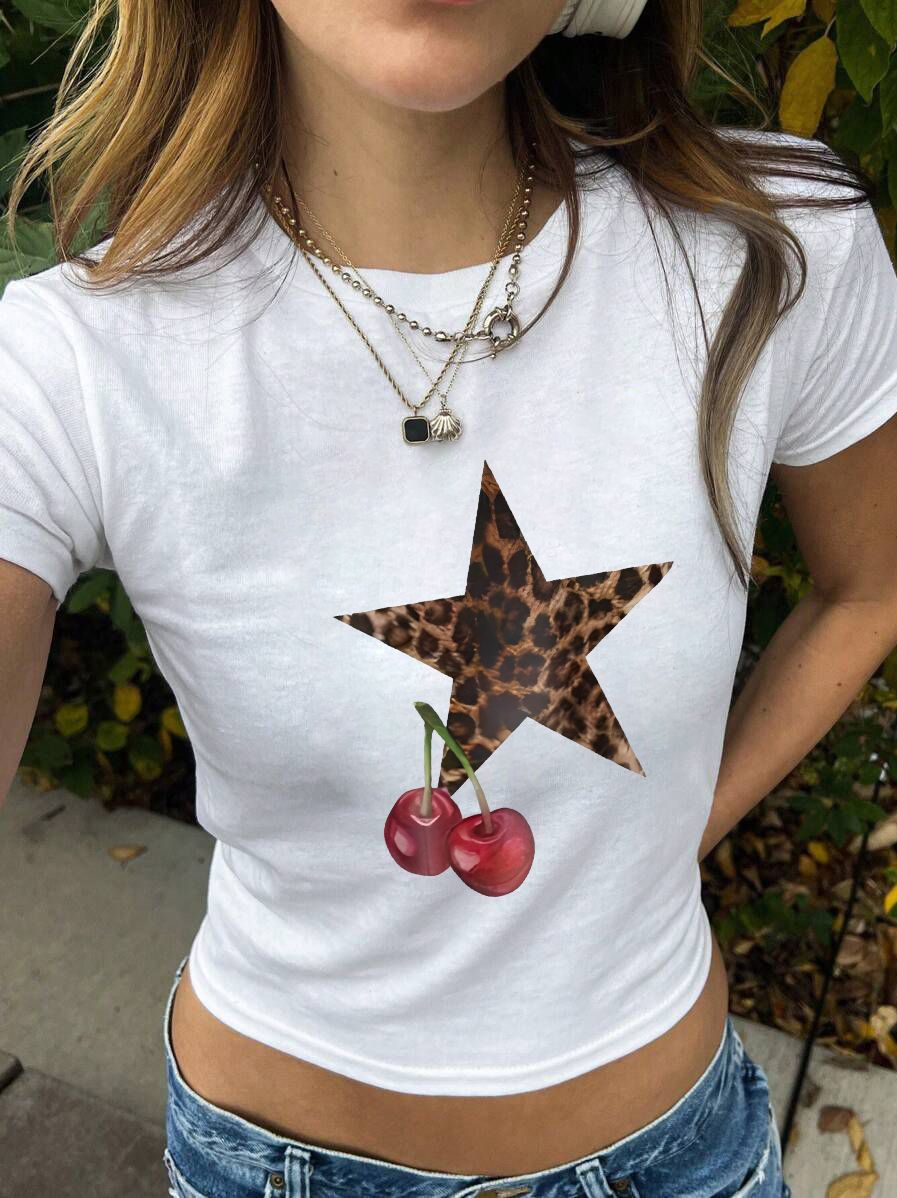 Damen Crop-T-Shirt mit kreativem Augenmotiv und Tourdruck Drune