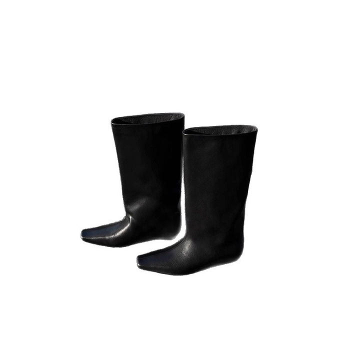 Damen kniehohe Slouch‑Lederstiefel mit quadratischer Zehenform und flachem Absatz Drune