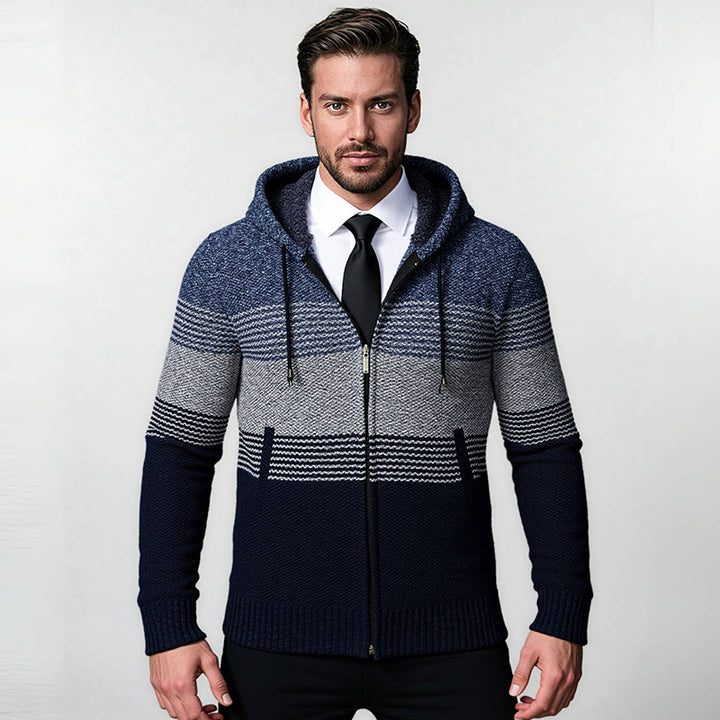 Herren Kapuzen-Strickzipjacke mit farbverlaufendem Blockstreifenmuster und thermischer Struktur Drune