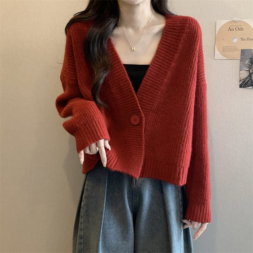 Damen lockere Strickjacke mit V-Ausschnitt und großen Knöpfen Drune