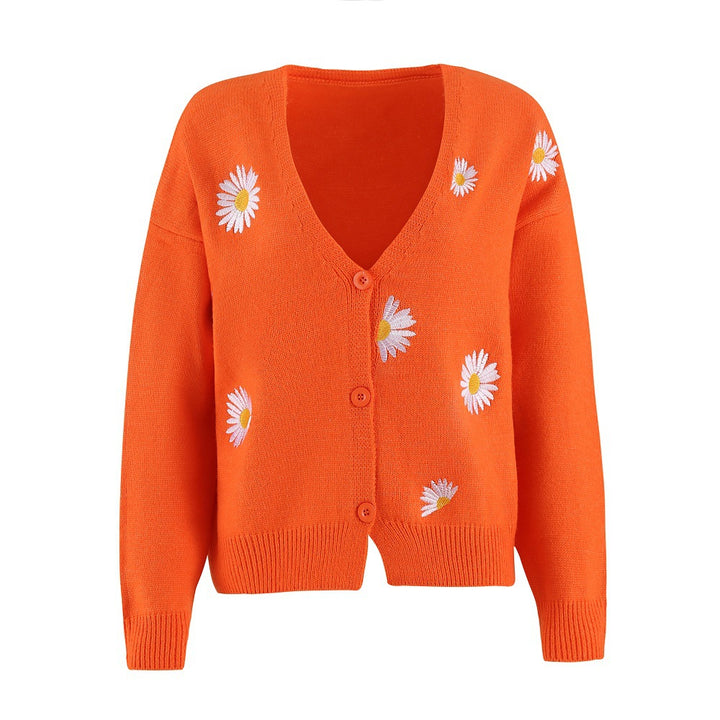 Damen Kurzgeschnittener V-Ausschnitt-Strickcardigan mit gestickten Gänseblümchen und Rippbündchen Drune
