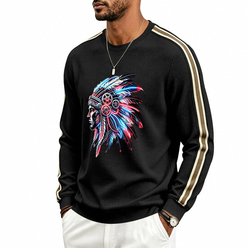 Herren Sweatshirt mit Federkopfschmuck-Print, Waffelstruktur und kontrastierenden Schulterstreifen Drune