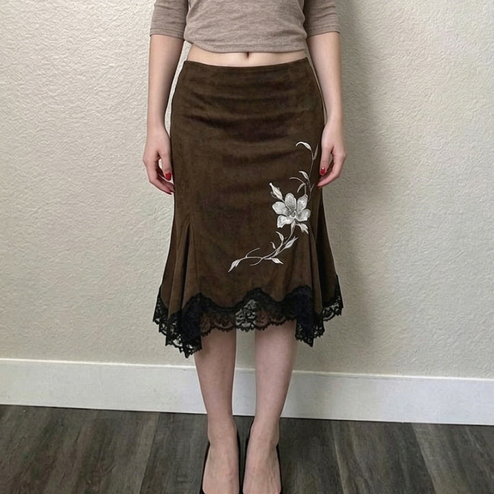 Damen Midirock aus Velourslederimitat mit floraler Stickerei und Spitzenbesatz Drune