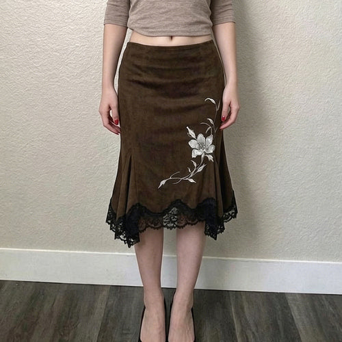 Damen Midirock aus Velourslederimitat mit floraler Stickerei und Spitzenbesatz Drune