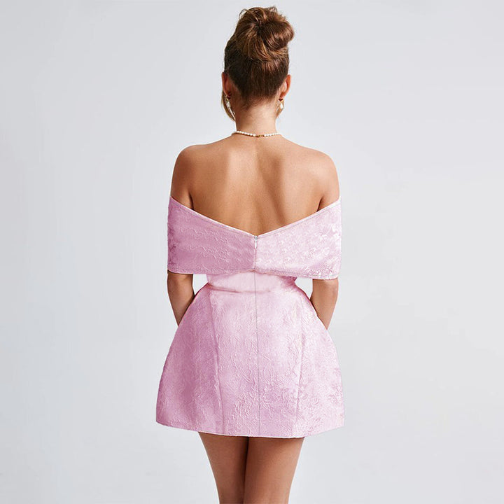 Damen Off-Shoulder Cocktailkleid mit elegantem Blumenmuster und aufwendiger Rüschenverzierung Drune