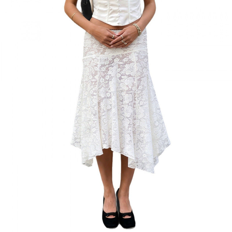 Damen Spitzenrock mit asymmetrischem Schnitt und floralen Details Drune