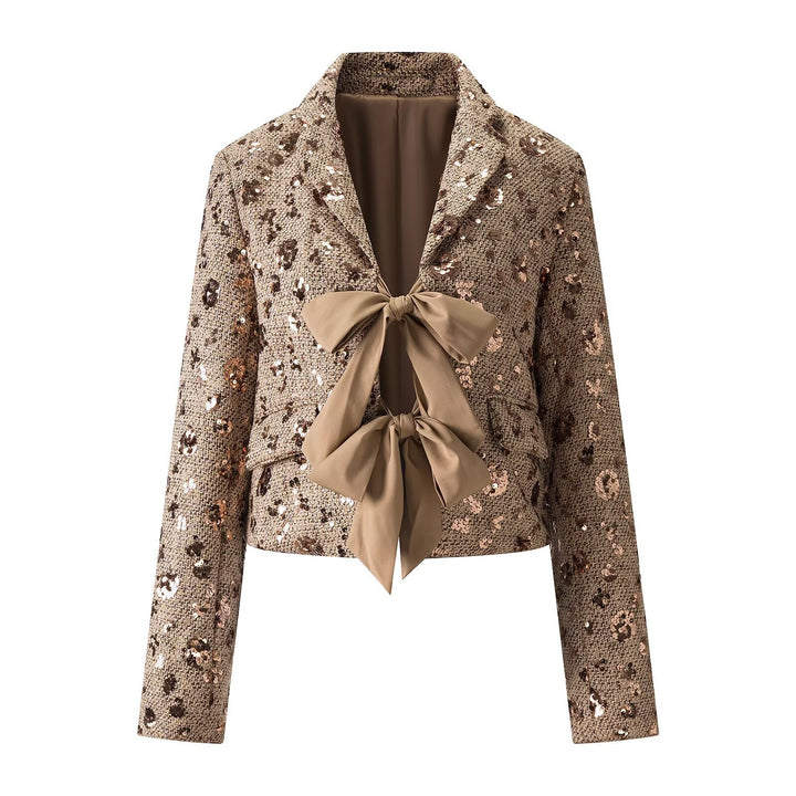 Damen Pailletten-Tweedjacke mit dekorativem Schleifenverschluss Drune