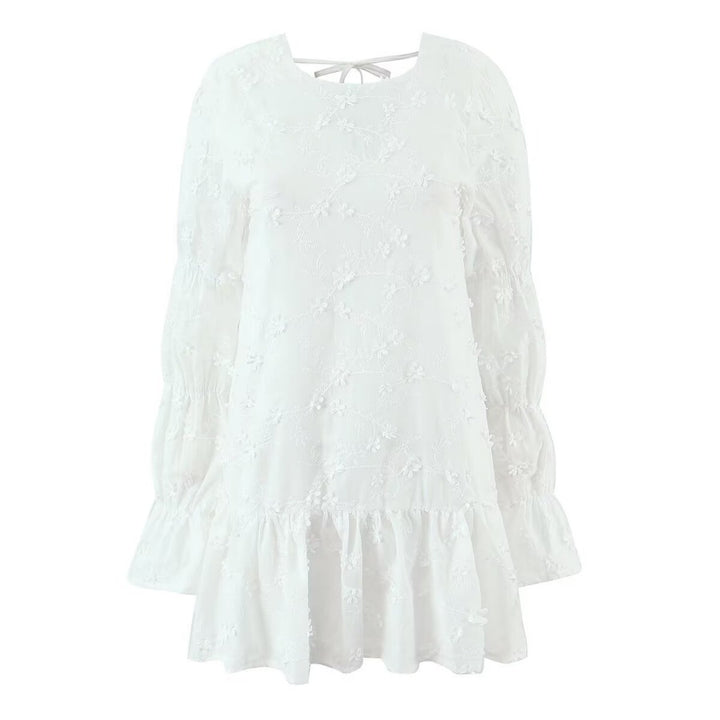 Damen luftiges Tunika-Kleid mit floralen Stickereien und Rüschensaum Drune