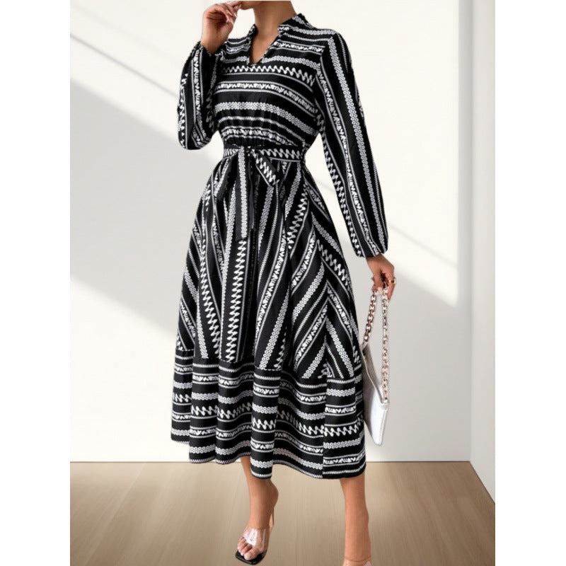 Damen Maxikleid mit modernem geometrischem Muster und schönem Taillengürtel Drune