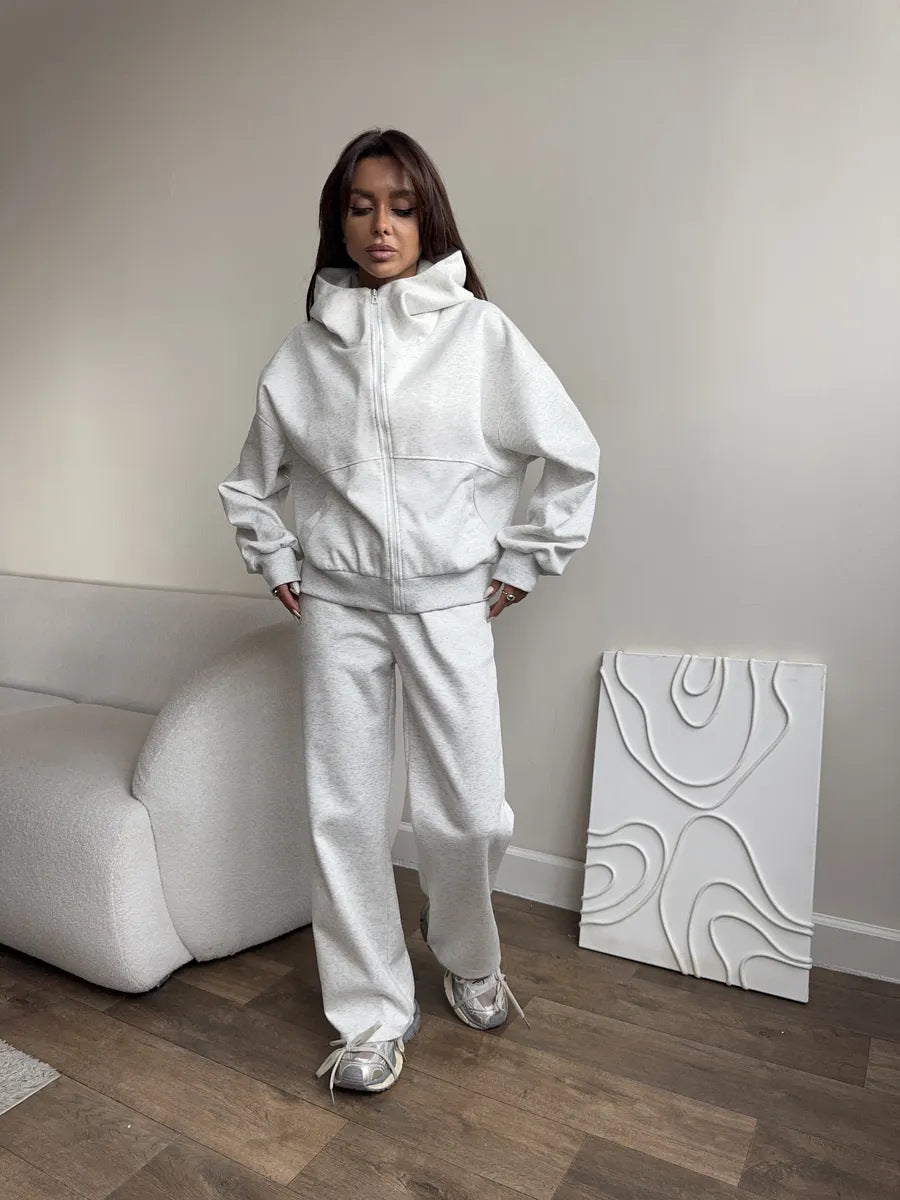 Damen Oversized Hoodie-Jacke mit hoher Stehkapuze und gerader Relax-Sweathose Drune