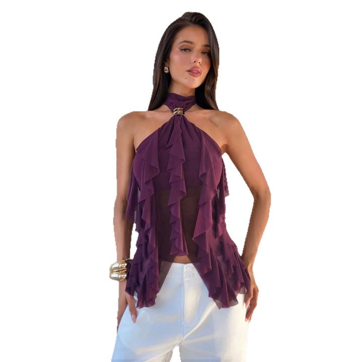 Damen nan Chiffon-Haltertop mit dekorativem Metallring und mehrlagigen Volants Drune