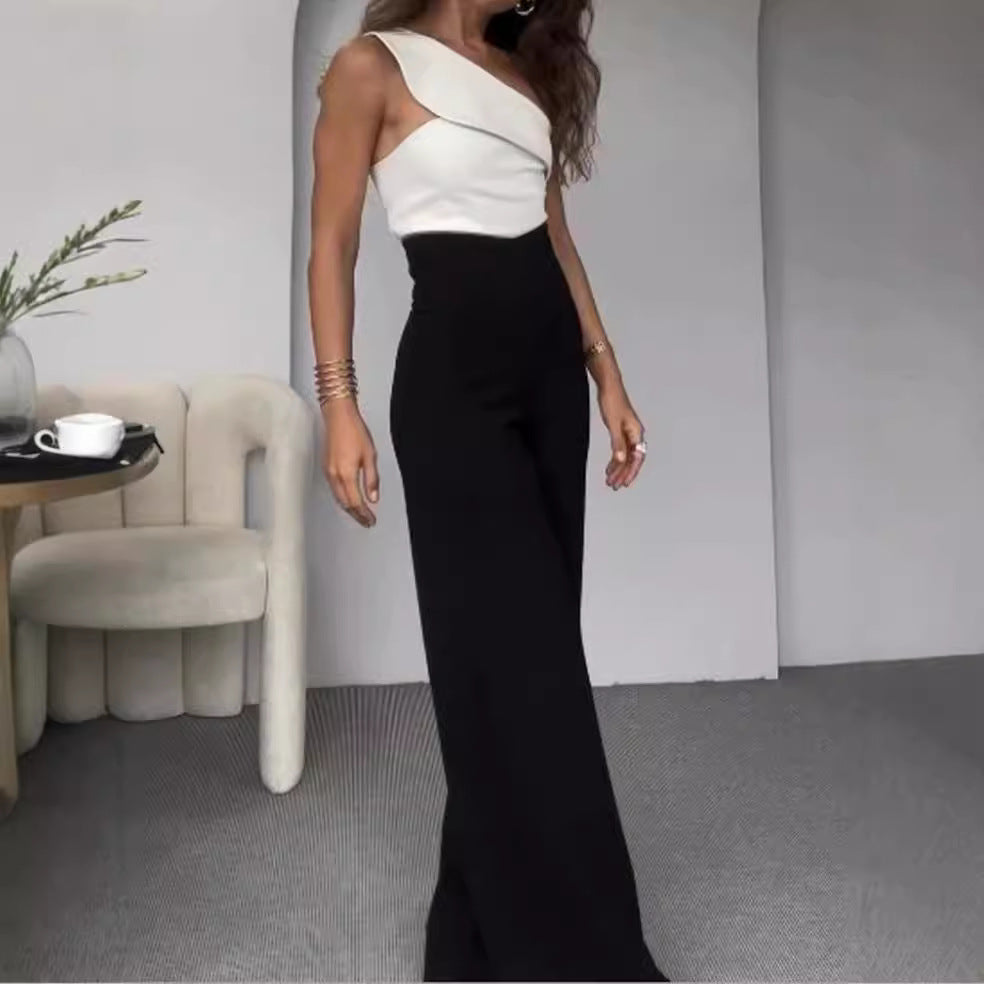 Damen Eleganter Jumpsuit mit asymmetrischem Ausschnitt und weitem Bein Drune