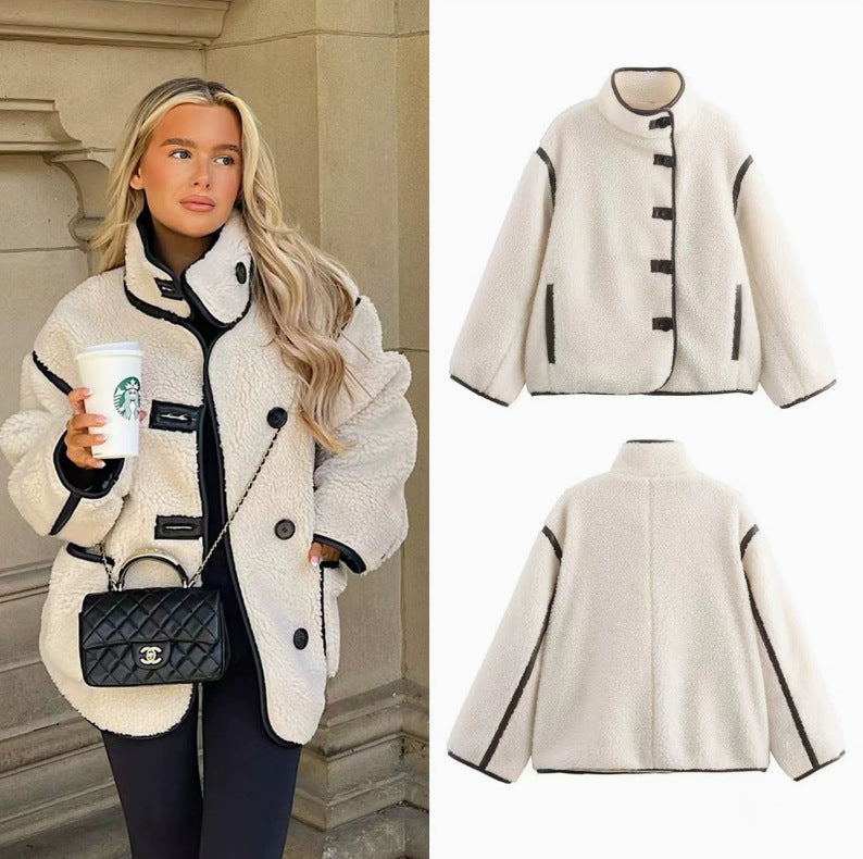 Damen 100+ Teddyjacke im Oversize‑Look mit Stehkragen und Kontrastpaspeln Drune