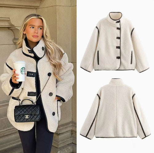 Damen 100+ Teddyjacke im Oversize‑Look mit Stehkragen und Kontrastpaspeln Drune