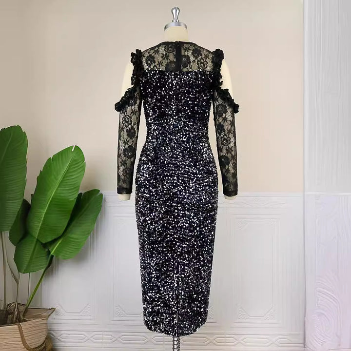 Damen glamouröses Abendkleid mit funkelnden Pailletten und Spitzenärmeln Drune