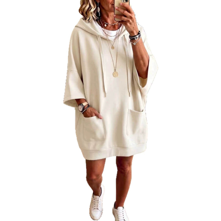 Damen Oversize Hoodie-Kleid mit Kängurutaschen und halblangen Ärmeln Drune