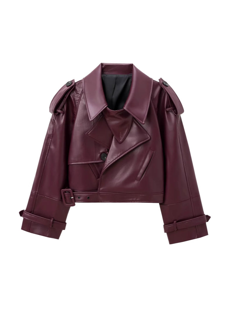 Damen cropped Leder Motorradjacke mit asymmetrischem Revers Drune