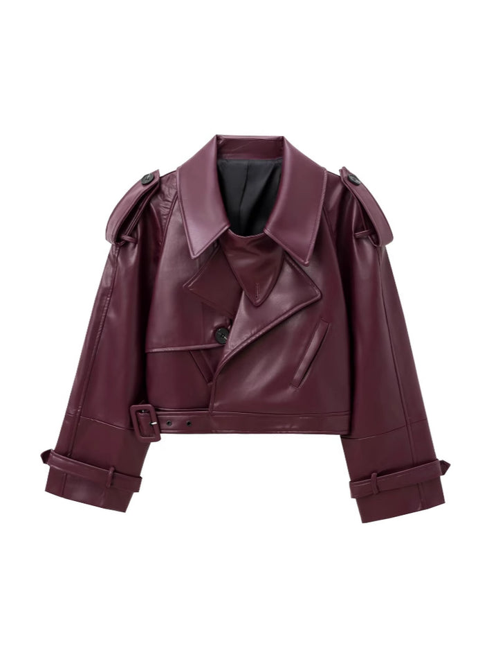 Damen cropped Leder Motorradjacke mit asymmetrischem Revers Drune