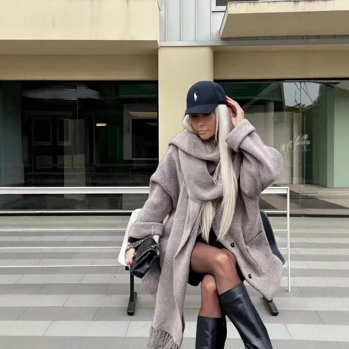 Damen elegante und warme Wickeljacke mit Schalkragen und Fransen Drune