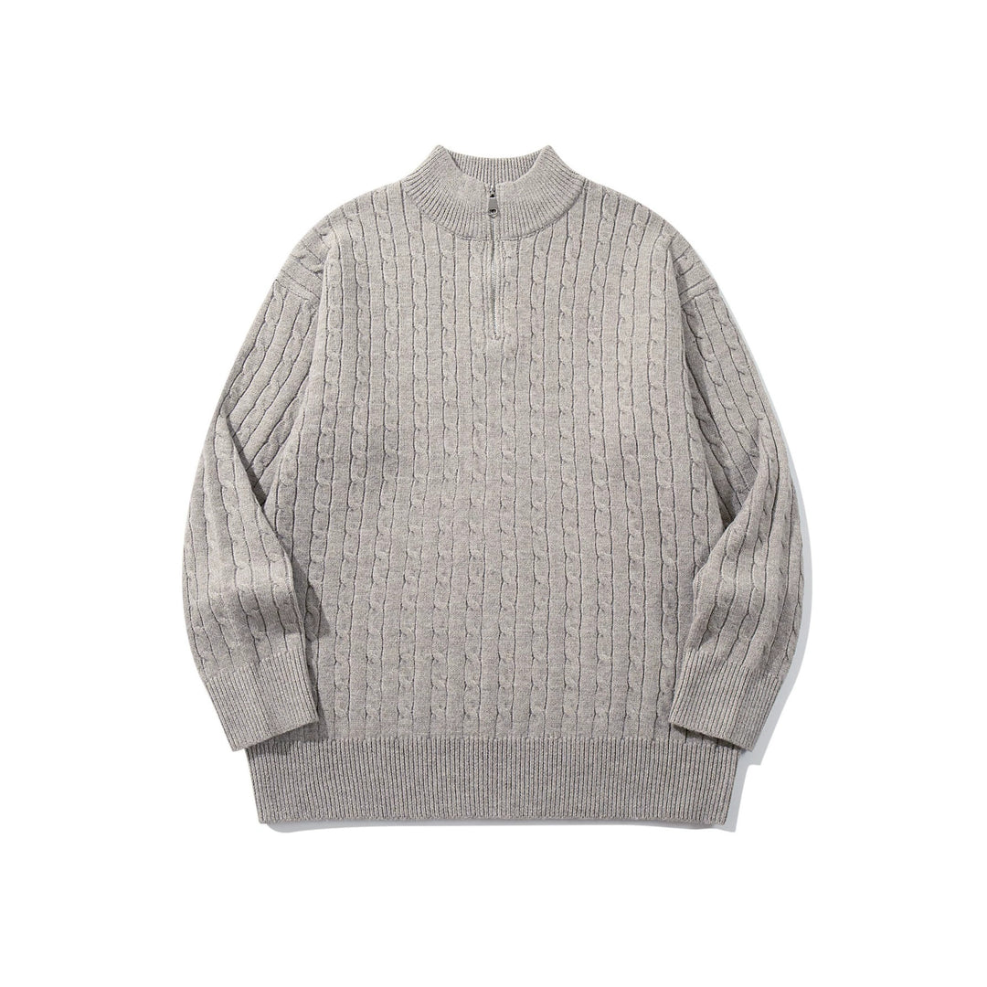 Unisex Zopfmuster-Halbzip-Strickpullover mit hohem Rippkragen und längerem Saum Drune