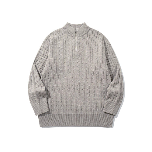 Unisex Zopfmuster-Halbzip-Strickpullover mit hohem Rippkragen und längerem Saum Drune