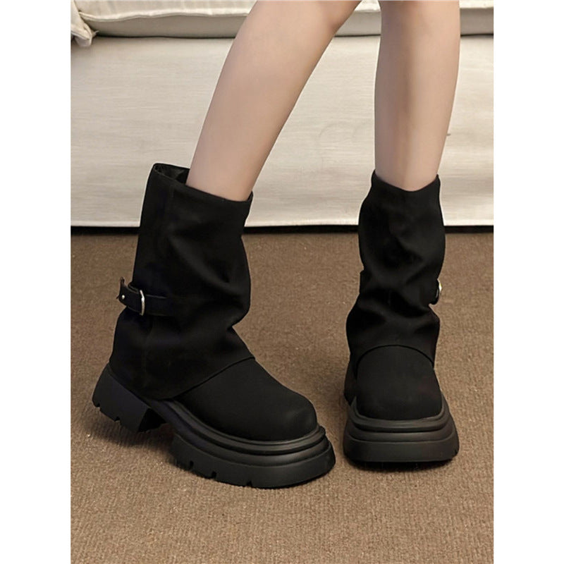 Damen Schlupf‑Stiefel mit gerafftem Schaft und skulpturierter Plateau‑Sohle Drune