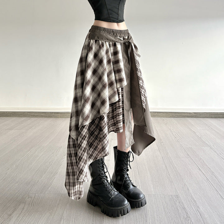 Damen asymmetrischer Wickelrock mit Karomuster und breitem Bindegürtel Drune