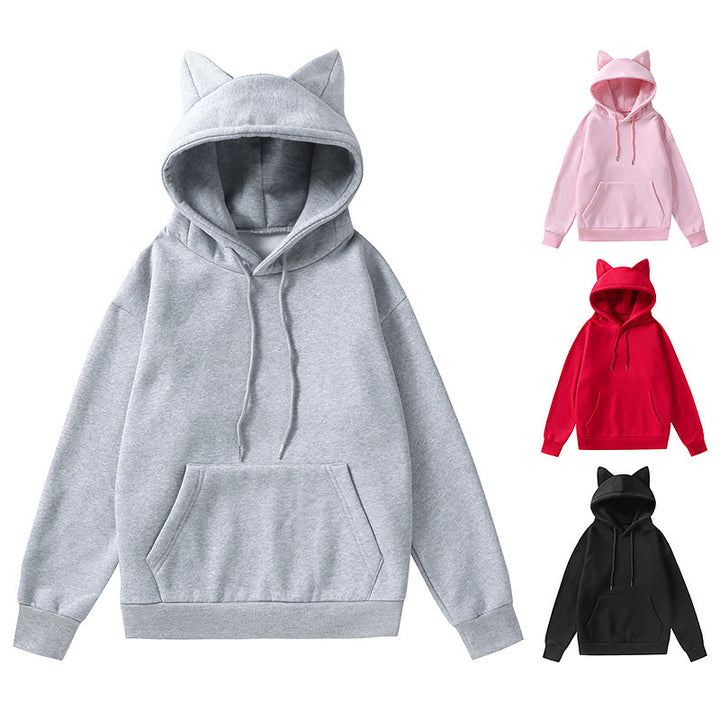 Damen nan Kapuzenpullover mit Katzenohren oversized Sweatshirt mit Kängurutasche und Kordelzug Drune