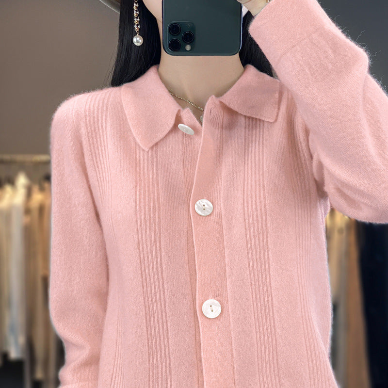 Damen Knopfcardigan mit Hemdkragen und feiner Längsrippenstruktur Drune