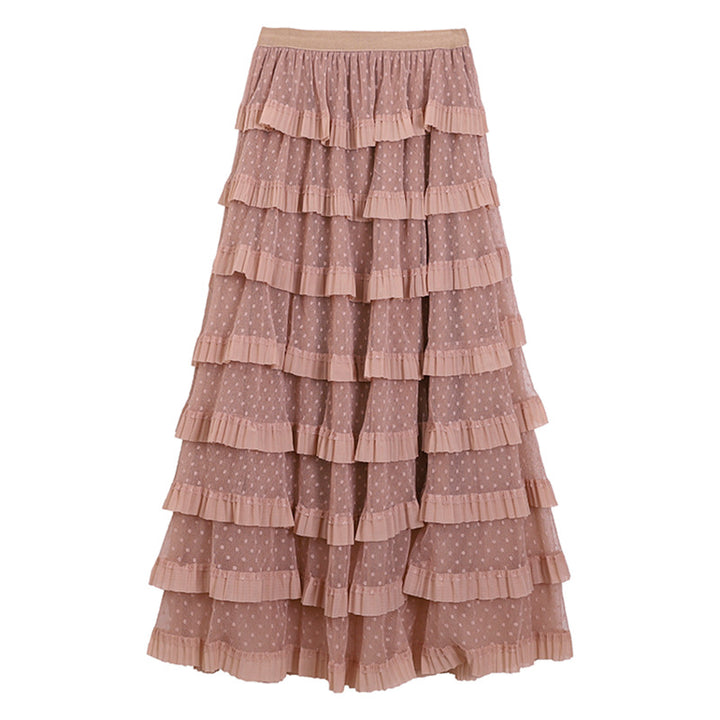 Damen nan mehrlagiger Midirock mit Punktchiffon-Volants und elastischem Komfortbund Drune