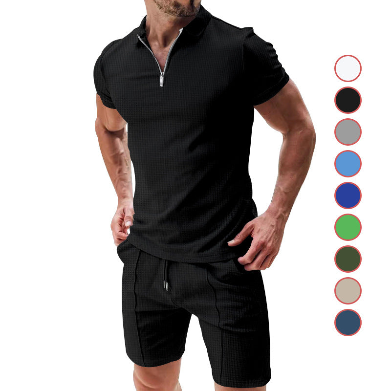 Herren nan sportives Poloshirt- und Chino-Shorts-Set mit halbem Reißverschluss, strukturiertem Jersey und dezenter Bügelfalte Drune