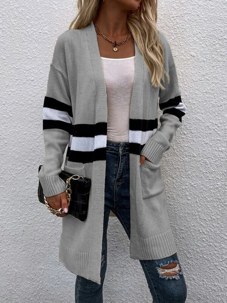Damen Strickcardigan mit modischem Streifendesign und offenen Vorderteilen Drune