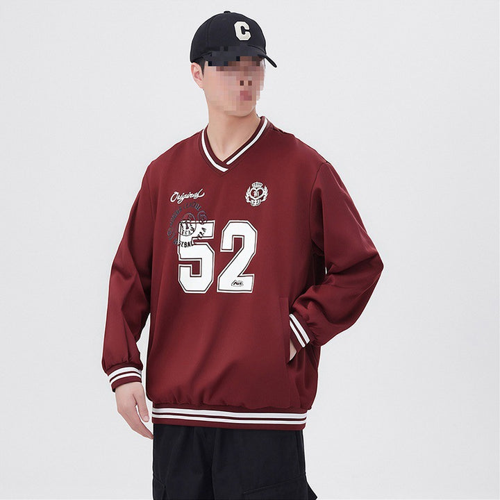 Herren Oversize V‑Ausschnitt Sportsweatshirt im College‑Look mit gestreiften Bündchen Drune