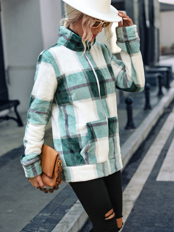 Damen Fleecejacke mit modernem Karomuster und hohen Kragen Drune