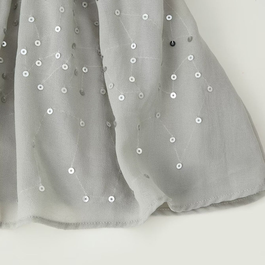 Damen Chiffon-Minikleid mit Rüschenkragen, Ballonärmeln und Paillettenbesatz Drune