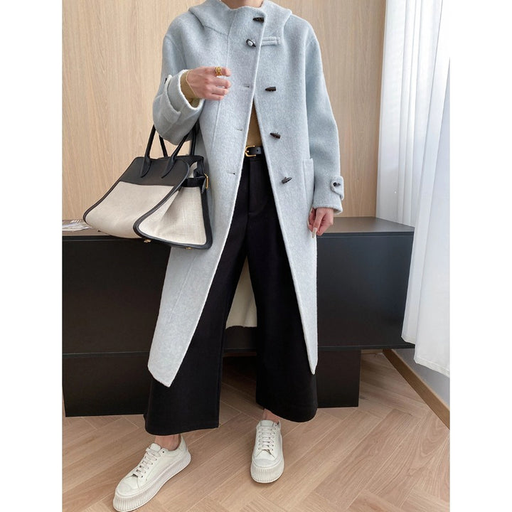 Damen eleganter Wollmantel mit hohem Kragen und Knopfdetails Drune